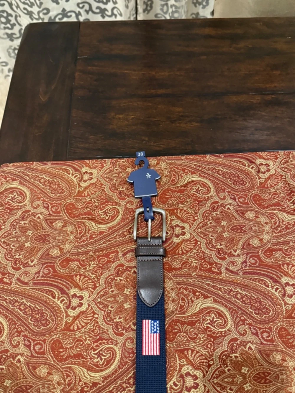 Penguin Men's Size 38 Navy American Flag Belt MSRP $60